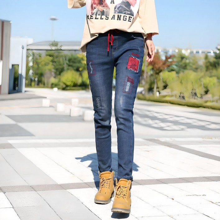 동대문스타일 여자 기모청바지 덧댐구제 밴딩 스판 슬림일자 스크레치 빈티지 와팬 패치 여성 본딩 겨울 보온 팬츠