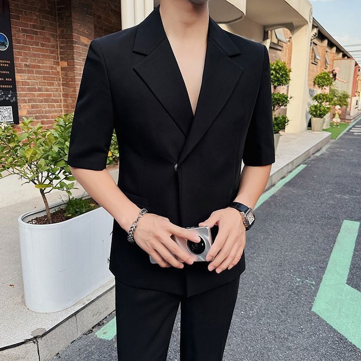 남자 여름 정장 세트 캐주얼 얇은 반팔 수트  정장 바지 고급 남성 세미 정장 세트 YJW