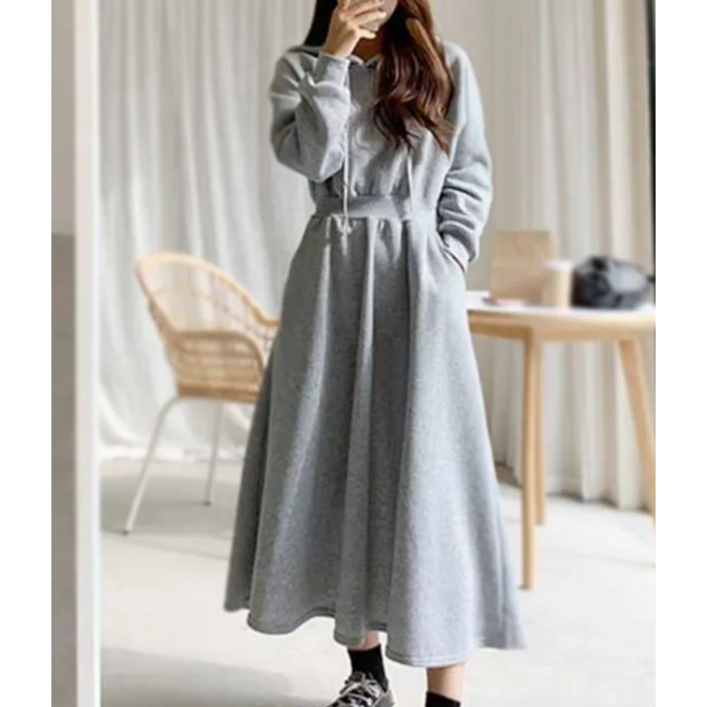 모모 허리 밴딩 플레어 후드 롱 기모 원피스