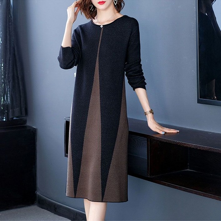 COSYEVNO  중년 엄마 긴팔 원피스 겨울 라운드 니트 빅사이즈 패션 프린트 4050대 롱스커트 CXJmmlyq04