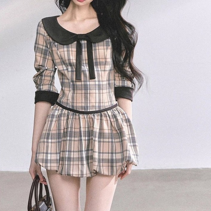 COSYEVNO  여성 춘하 패턴 리본 타이 긴팔 미니 원피스 벌룬 스커트 TZKlyq-3