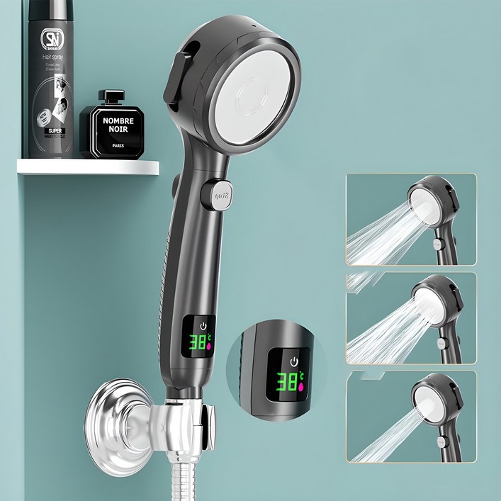 ZOZOFO LCD 디스플레이 온도 샤워기 수압상승 욕실청소 온도체크 샤워노즐  1.5m 호스, 블랙, 1개