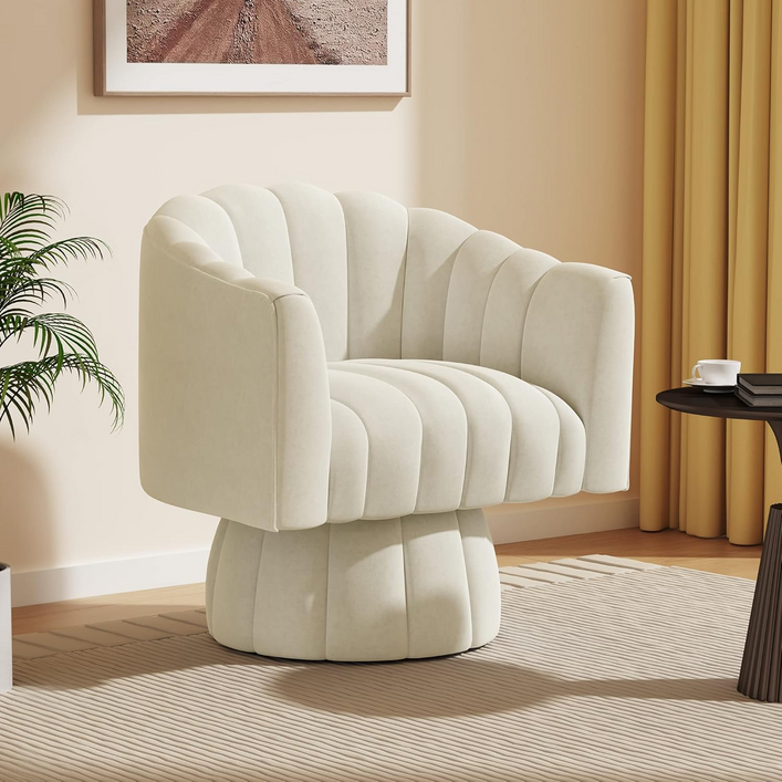 미드센추리 360도 회전 커들 배럴 액센트 소파 의자 넓은 쿠션의 원형 암체어 푹신한 벨벳 패브릭 거실 침실 사무실 대기실용, 베이지, 1개