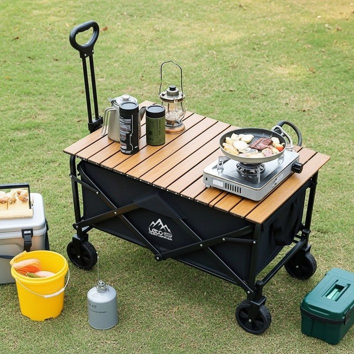 레토 캠핑웨건 카트 우드 상판 접이식 롤 테이블 LCTW01