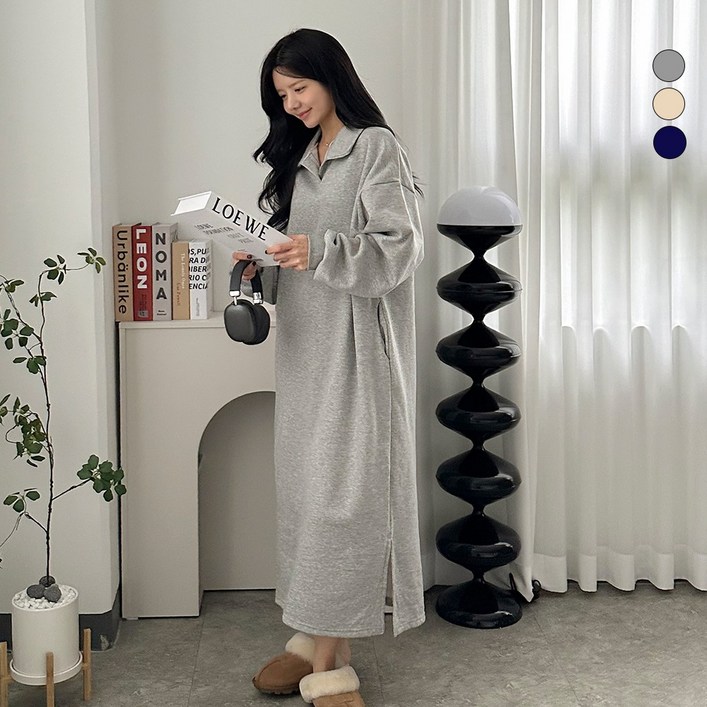 디테일웨어 여성 기모 카라넥 긴팔 원피스 빅사이즈 임부복 밑단트임 편한원피스 도톰한 겨울 포켓 롱원피스