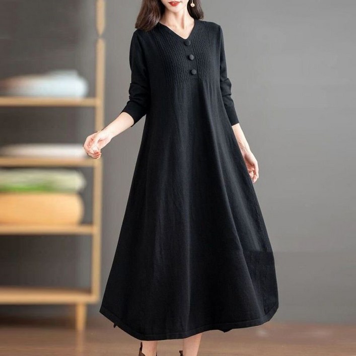 봄 가을 중년 여성 니트 원피스 캐주얼 이너 치마 원피스 슬림핏 루즈핏 엄마 브이넥 니트 원피스 CY