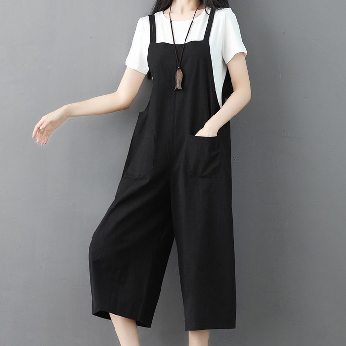 미시맵시 여성 빅사이즈 일자 와이드핏 여름 멜빵 바지 린넨 점프수트