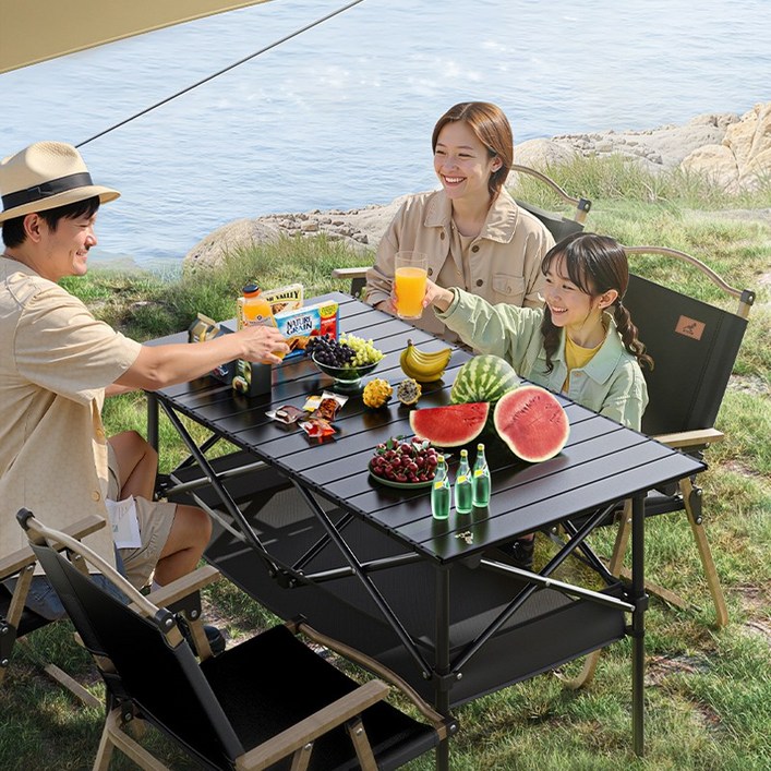 AORAN 접이식 캠핑 테이블 대형 탄소강 질감, 블랙