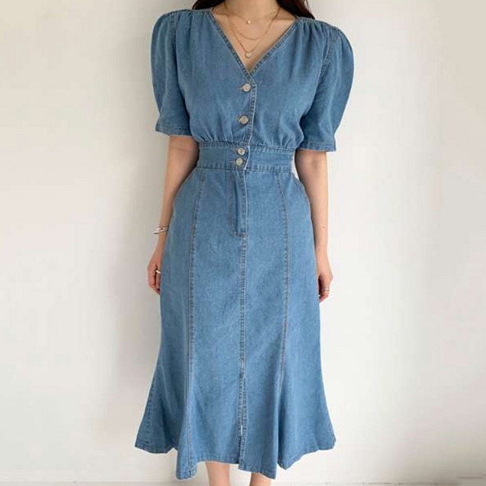 에리페 여성용 수잔 뒷밴딩 머메이드 데님 롱 원피스