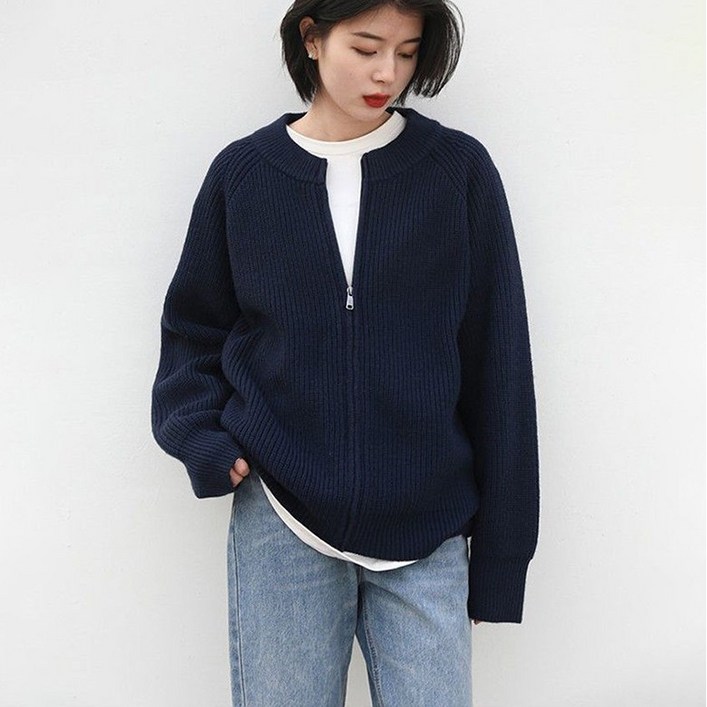 POMTOR 겨울 여성 네이비 집업 니트 루즈핏 캐주얼 자켓 가디건