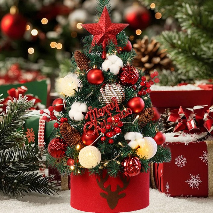 고품질 미니 크리스마스 세트  LED 조명, 다양한 정교한 액세서리와 받침대 포함, 와인 레드와 샴페인 골드 컬러, 진한 크리스마스 분위기트리 본체는 모두 녹색, 0.8m