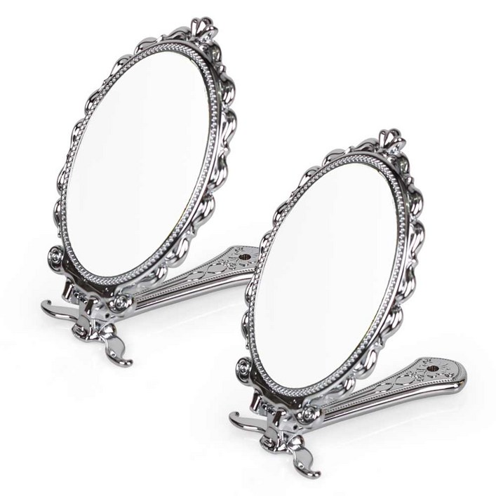 휴대용 접이식 거울 손거울 엔틱 공주거울, 2개, 실버