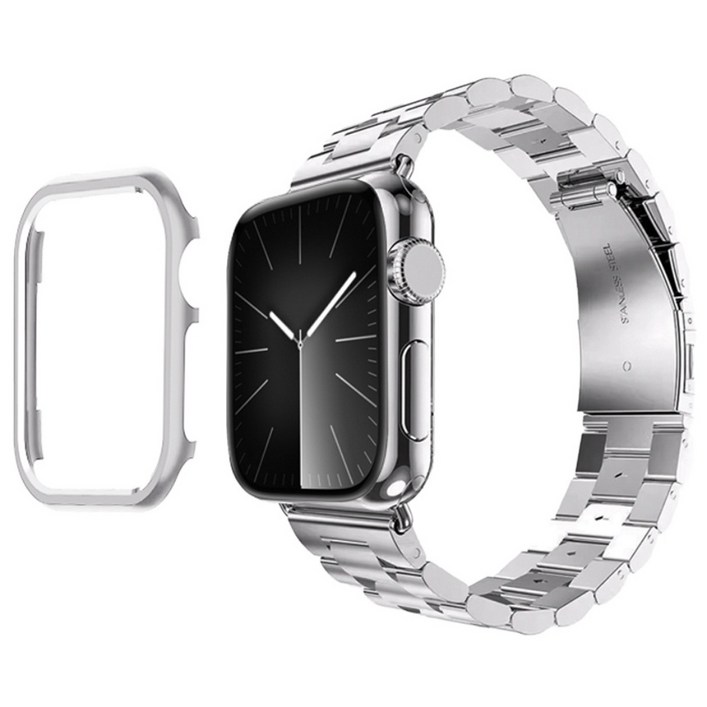 아이메이드잇 애플워치 호환 프리미엄 메탈 스트랩 밴드 + 케이스 세트, 실버