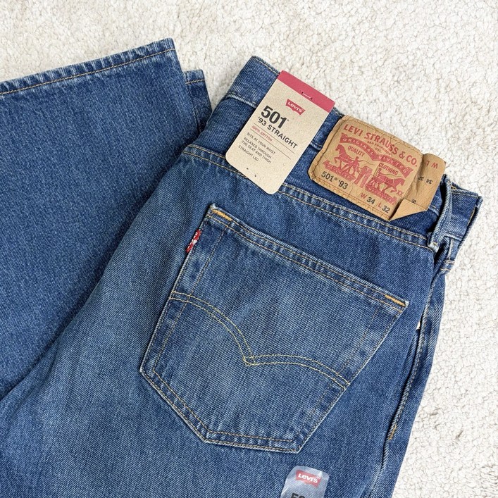 국내매장판 리바이스 남성 501 오리지널 스트레이트핏 버튼플라이 데님 진청 청바지