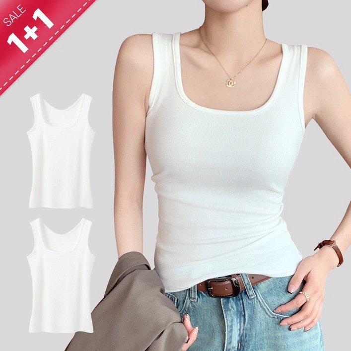 허블리 여성 스퀘어넥 골지 스판 나시 민소매 나시티 2장세트