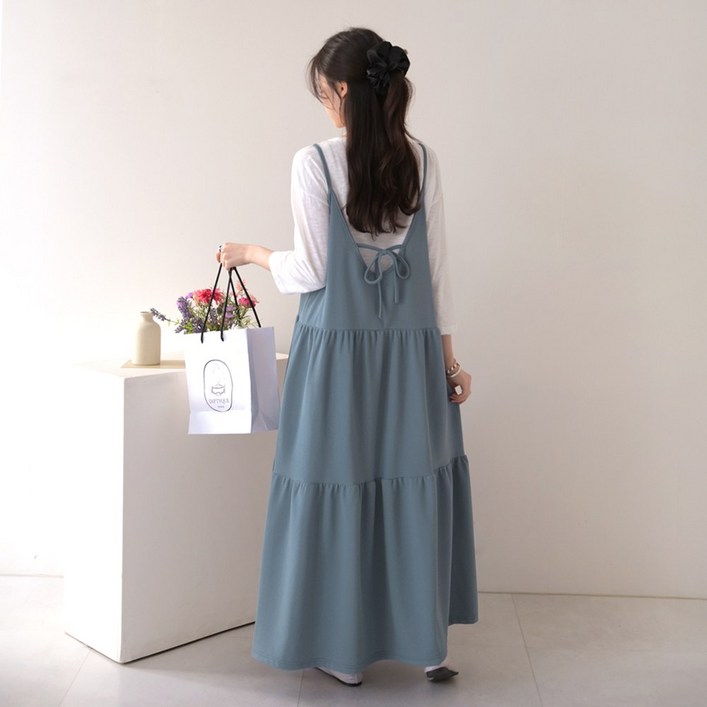 데일리앤 샤를린 뒷리본 끈나시 셔링 캉캉 플레어 레이어드 뷔스티에 롱 원피스 빅사이즈 임산부