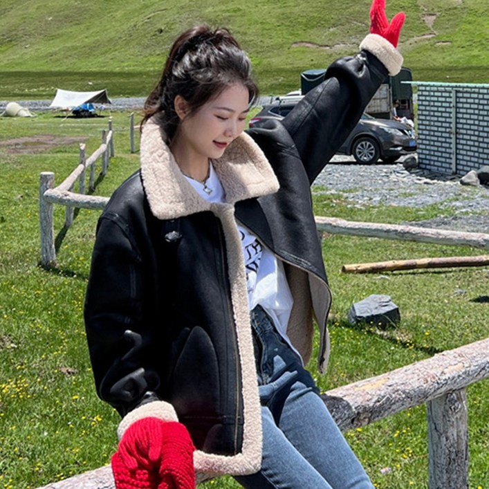 POMTOR 여자코트 여성 가을 겨울 숏코트 하이넥버클 오버핏 모피코트 무스탕 상의 가죽 코트 POMTOR 여자코트 여성 가을 겨울 숏코트 하이넥버클 오버핏 모피코트 무스탕 상의 가죽 코트