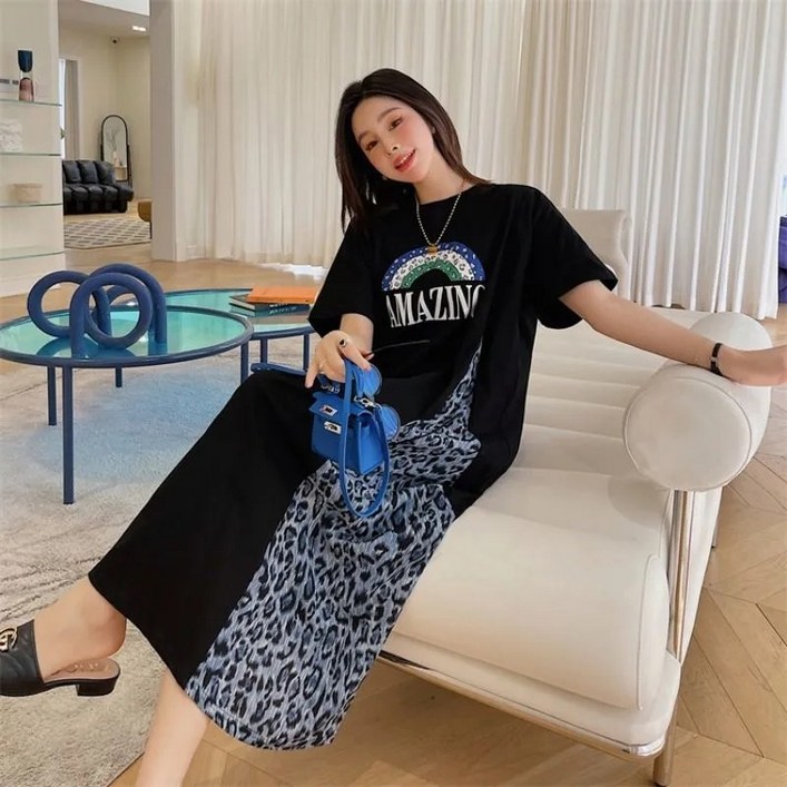 녕동 여성 라운드 반팔 롱 원피스 오버핏 캐주얼 호피무늬 배색 롱티 빅사이즈 A라인 롱 원피스 데일리룩 녕동 여성 라운드 반팔 롱 원피스 오버핏 캐주얼 호피무늬 배색 롱티 빅사이즈 A라인 롱 원피스 데일리룩