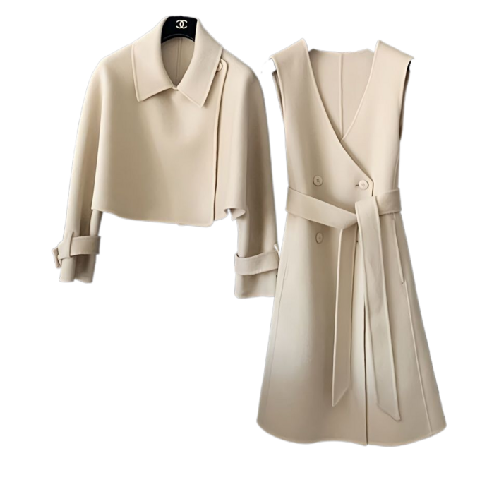 Baocn 여자 모직 투피스 가을 겨울 숏 모직 코트모직 원피스 세트 23709