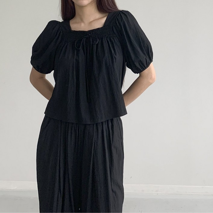 행복여 러빈유 스퀘어넥 블라우스 와이드 밴딩 팬츠 세트