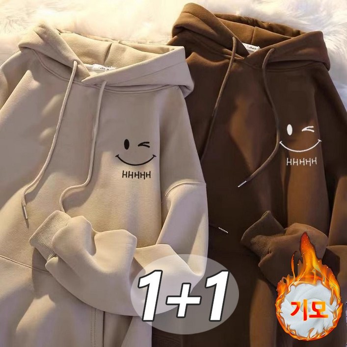 11 남녀 기모 후드티 스마일 오버핏맨투맨 가을겨울 도톰 커플맨투맨 티셔츠 빅사이즈