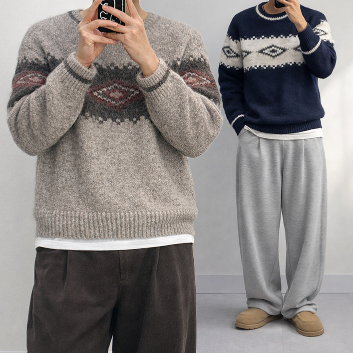 테이크잇컴퍼 남성 모헤어 웍스 겨울 아이보리 노르딕 패턴 스웨터 니트