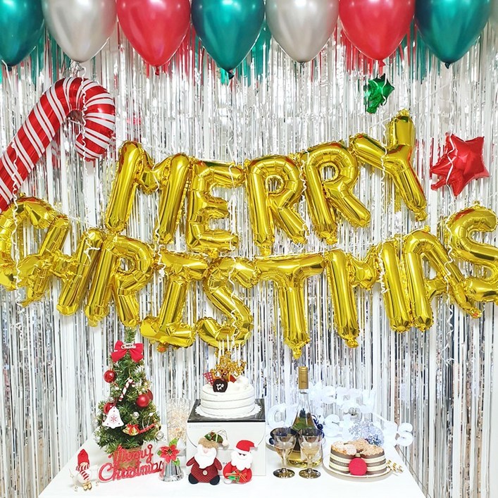 크리스마스 파티 커튼 세트 성탄절 장식 행사 꾸미기, 실버벌룬-레드그린-실버