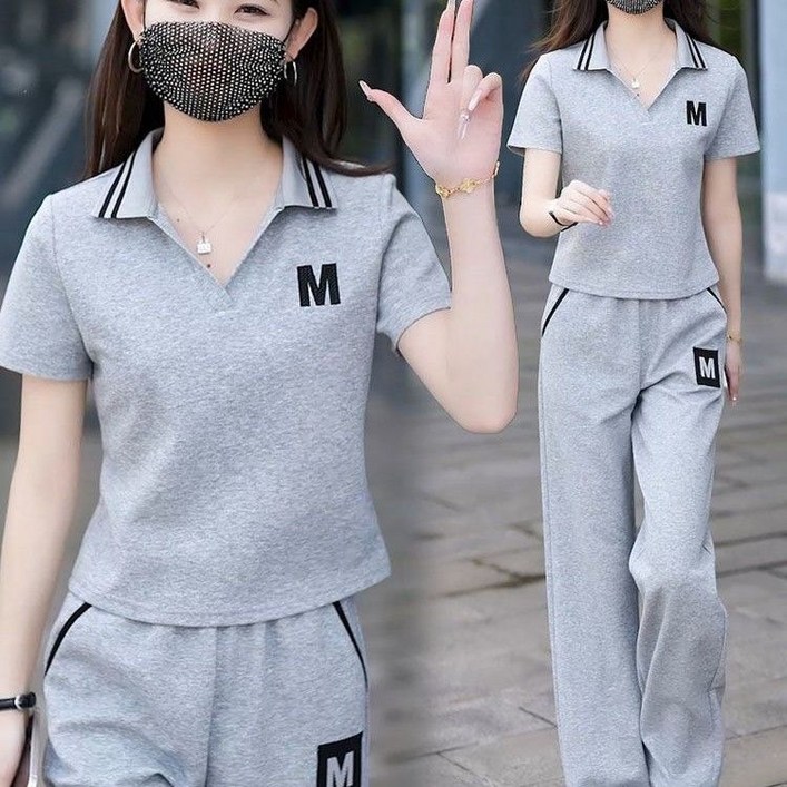 부드러운 신축성 캐주얼룩  여성 브이넥 반팔 상하세트  가벼운 홈웨어 트레이닝복 세트