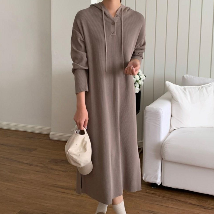 바이위시 골지 후드 루즈핏 니트 원피스