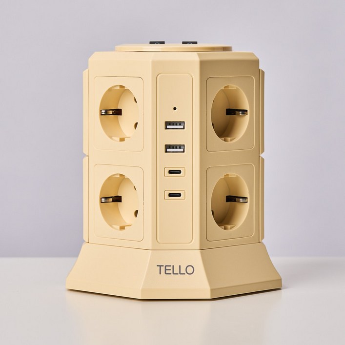 텔로 과부하차단 USB 타워 컬러 멀티탭 12구 KC인증 접지 안전 고급 멀티탭 선정리 가능한 인테리어 예쁜 귀여운 디자인 C타입 콘센트, 2m, 크림레몬, 1개