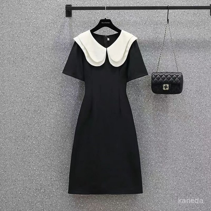 세련된 배색 빅 카라 디자인의 여성 반소매 원피스, 오피스룩 및 데일리 스타일 완벽한 블루와 블랙 컬러 옵션 ZXY