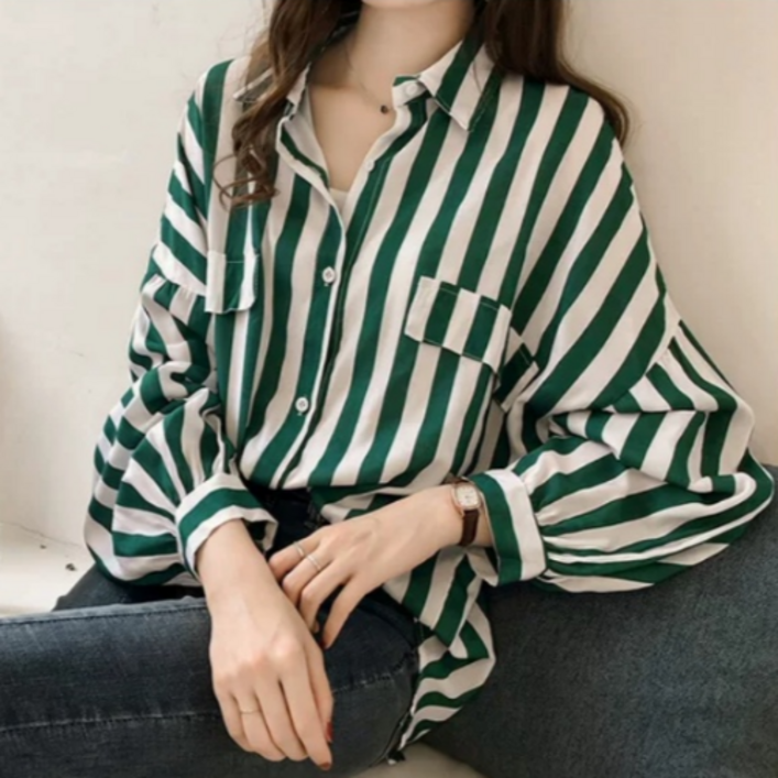 새틴 실크 스트라이프 카라셔츠 블라우스 빅사이즈