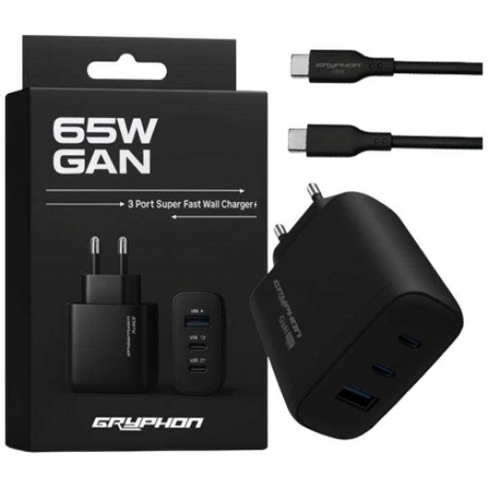 GRYPHON 그리폰 GaN 65W 초고속 C타입 USB 3포트 노트북 멀티충전기 PD PPS 케이블포함, 1개, 블랙