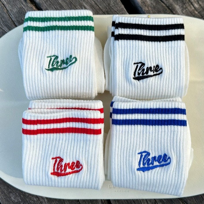 컬러 줄무늬 레터링 중목 골지 골프 양말 4족 세트