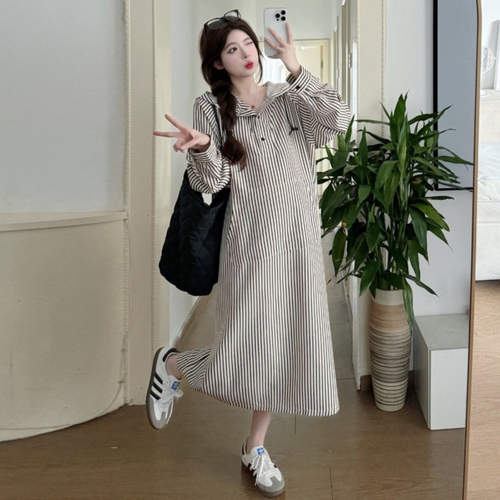 디한스 임산부 봄여름 줄무늬 후드 와이드 롱 빅사이즈 원피스