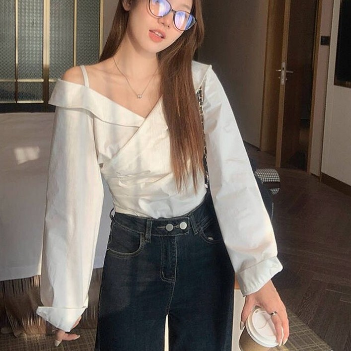 녕동 여성 브이넥 셔츠 봄가을 크로스 오프숄더 슬림핏 셔링 허리조임 긴팔 셔츠