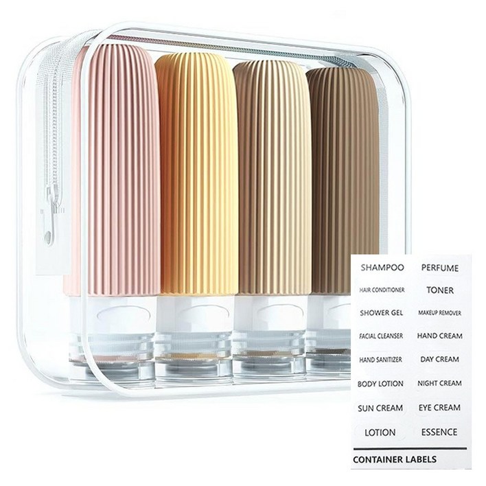무식이네 말랑 실리콘 새지않는 여행용 공병 90ml x 4종 파우치 라벨스티커 세트, 1세트, 혼합색상
