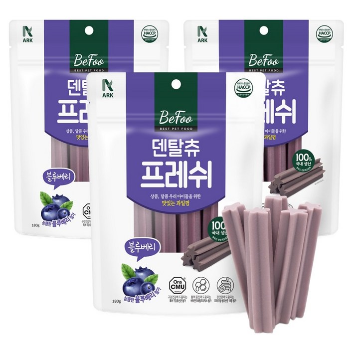 베푸 강아지 덴탈츄 프레쉬 껌, 3개, 180g, 블루베리맛