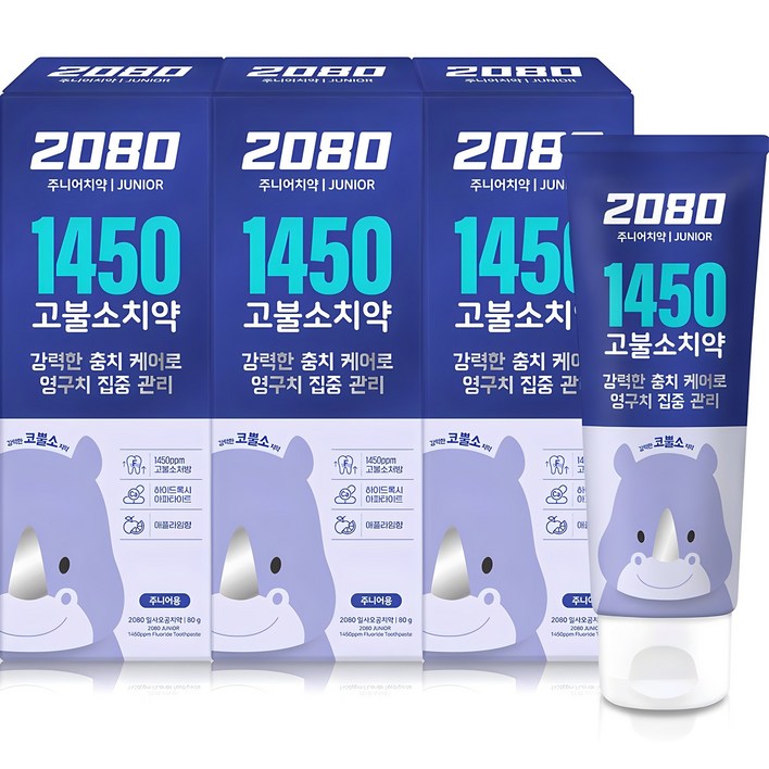 2080 일사오공 고불소 주니어 치약, 80g, 3개