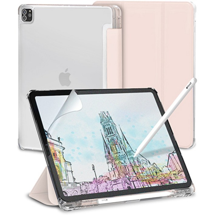 신지모루 클리어 애플펜슬 수납 태블릿PC 케이스 + 종이질감 액정보호 필름 세트, 핑크샌드 아이패드에어