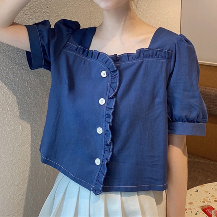 여성용 마켓에이 에스 스퀘어넥 프릴 반팔 블라우스