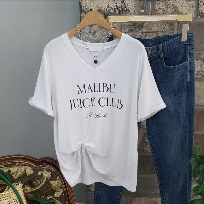 상상그이상 여성용 국내제작 찰랑 브이넥 반팔티 부드러운 심플 레터링 루즈핏 얇고 시원한 구김없는 기본 티셔츠