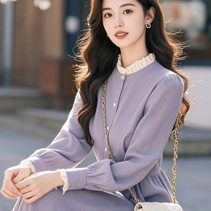 JIEVE여성 가을 원피스 유니크 예쁜 달콤한 퍼플 허리 조임 스커트SX061846