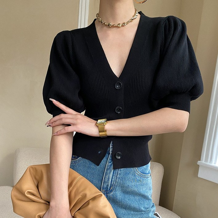 설온 여성 퍼프 소매 반팔 가디건 하객룩