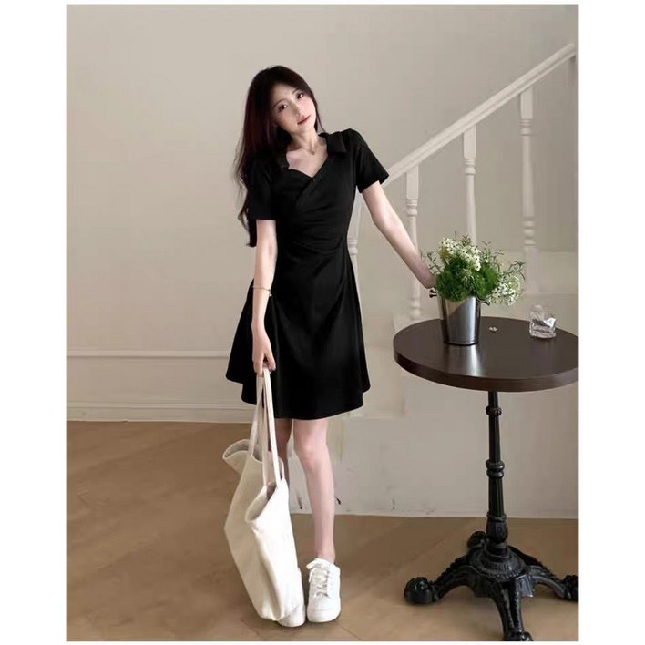 POMTOR여성용 빅사이즈 원피스 여름용 반팔 슬림핏 프릴 디자인 A라인 미니 원피스