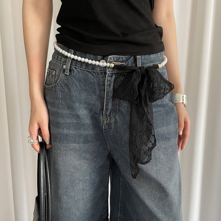 VERSION STORM OF 벨트 여성 포인트 흔들리는 스플 허리 THE 우아한 리본 진주 액세서리 줄무늬 라이스 DECENT HAN