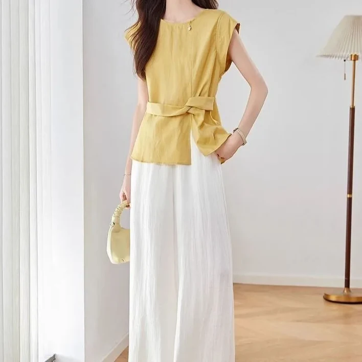 Makone 여성 린넨 민소매 블라우스 스트레이트 팬츠 투피스 체형커버 라운드넥 셔츠 와이드 바지 상하의 세트  패션 오피스룩