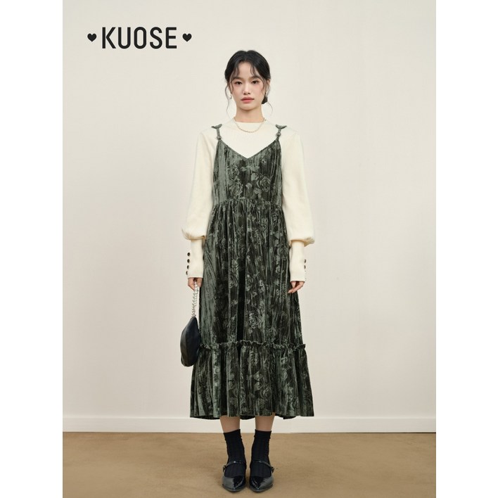 쿠오세 원피스 kuose 벨벳 꽃무늬 민소매 V넥 A라인 롱 스커트 여성 캉캉 끈 원피스