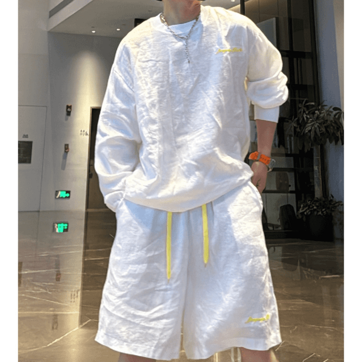 남성 여름용 자외선차단 복 세트 남성 여름 린넨 루즈핏 세트업 셔츠 반바지 휴양지 스타일 시원한 여름 정장 JXH