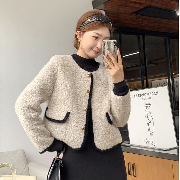 ANYOU 코트 고급 트위드  라운드넥 루즈핏 재킷 쇼트 코트 스웨이드모직 코트